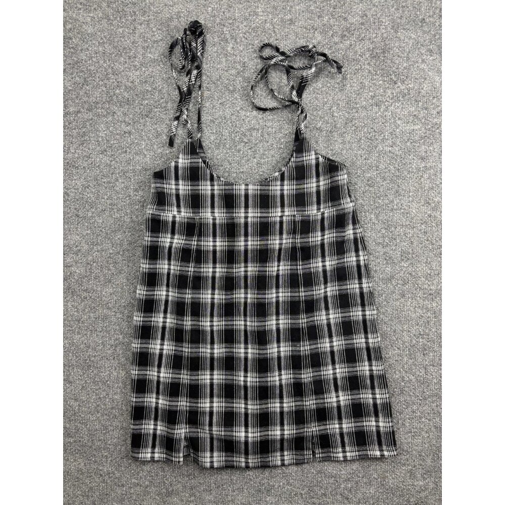 b+ab‎ Cami Top Womens Medium Black White Plaid Adjustable Tie Straps Lined Woven